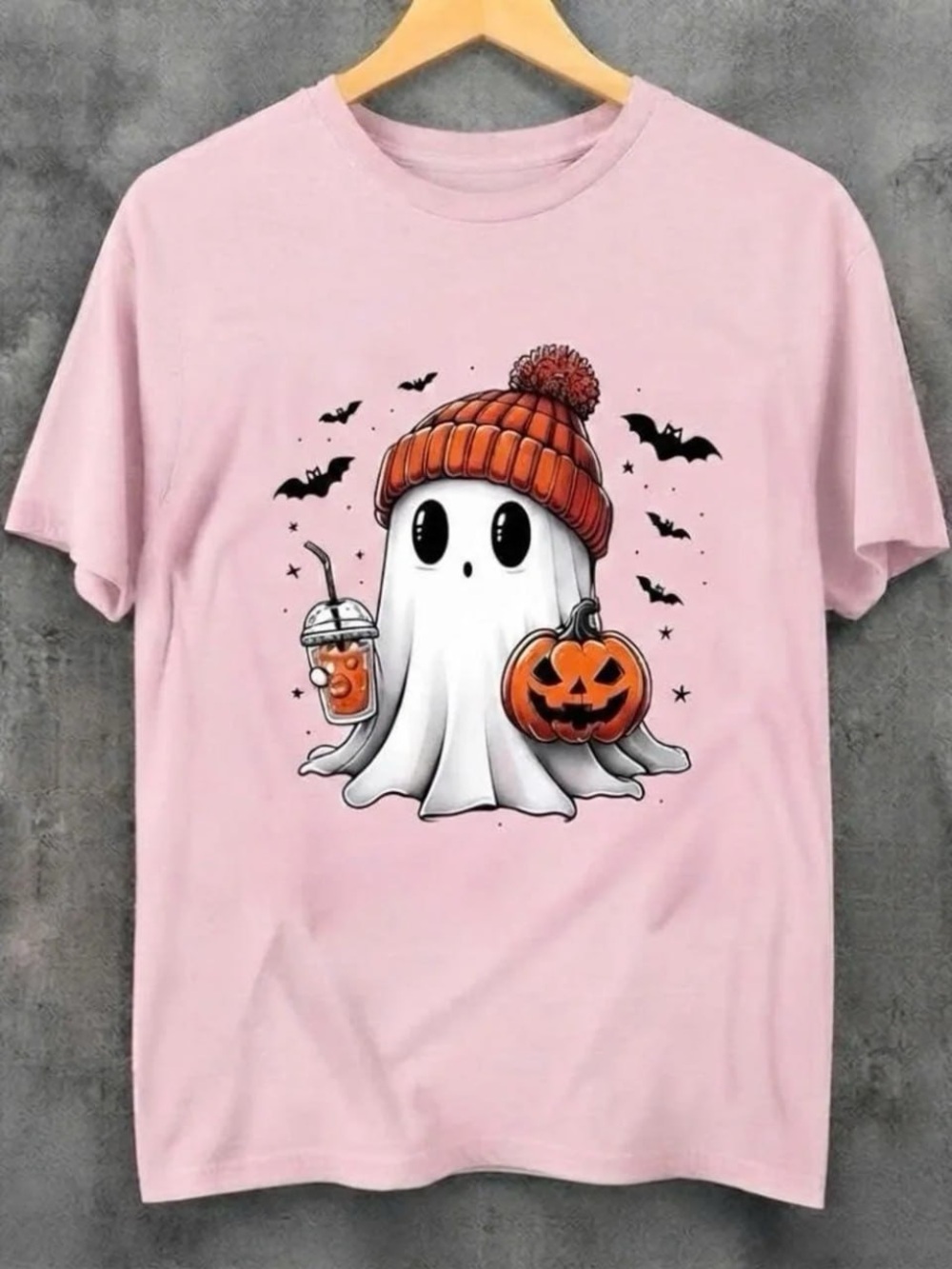 Gildan Pink Halloween Ghost Tee with Pumpkin & Beanie